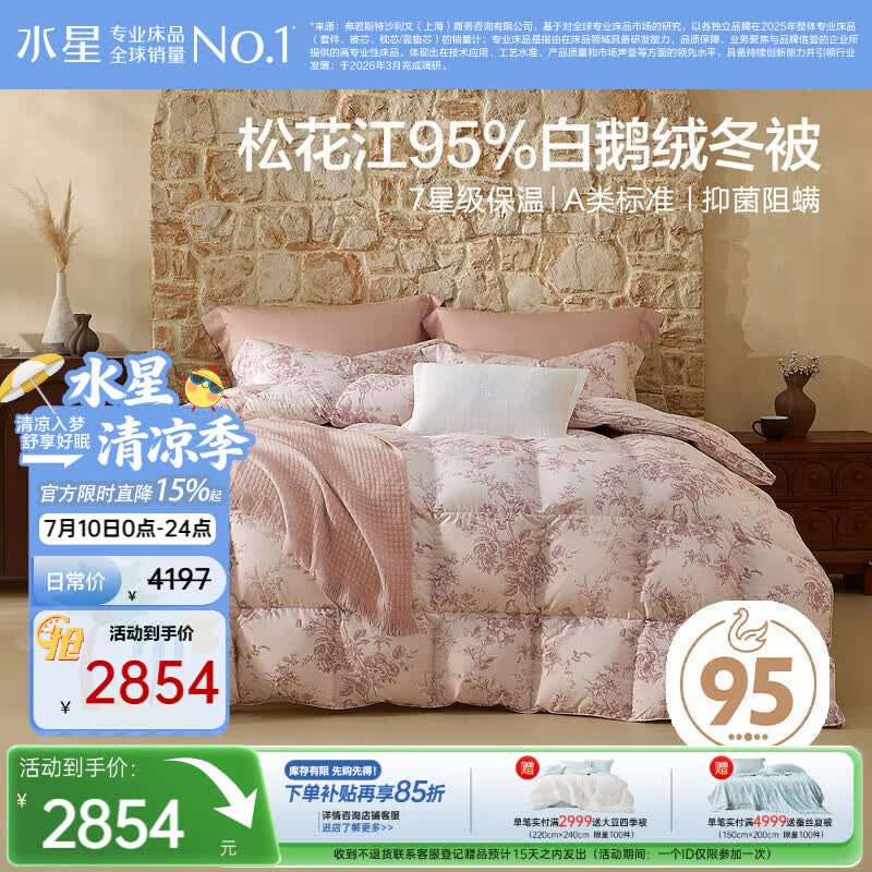 水星家纺羽绒被95%白鹅绒被子冬季加厚冬被芯双人南法系列220×240cm1100g