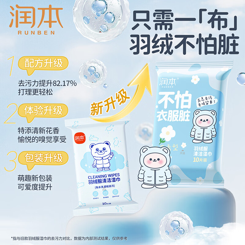 润本羽绒服清洁湿巾免洗去污清洗剂衣物清洁湿纸巾干洗便携去污渍专用 【试用体验】羽绒服清洁湿巾10片*8包