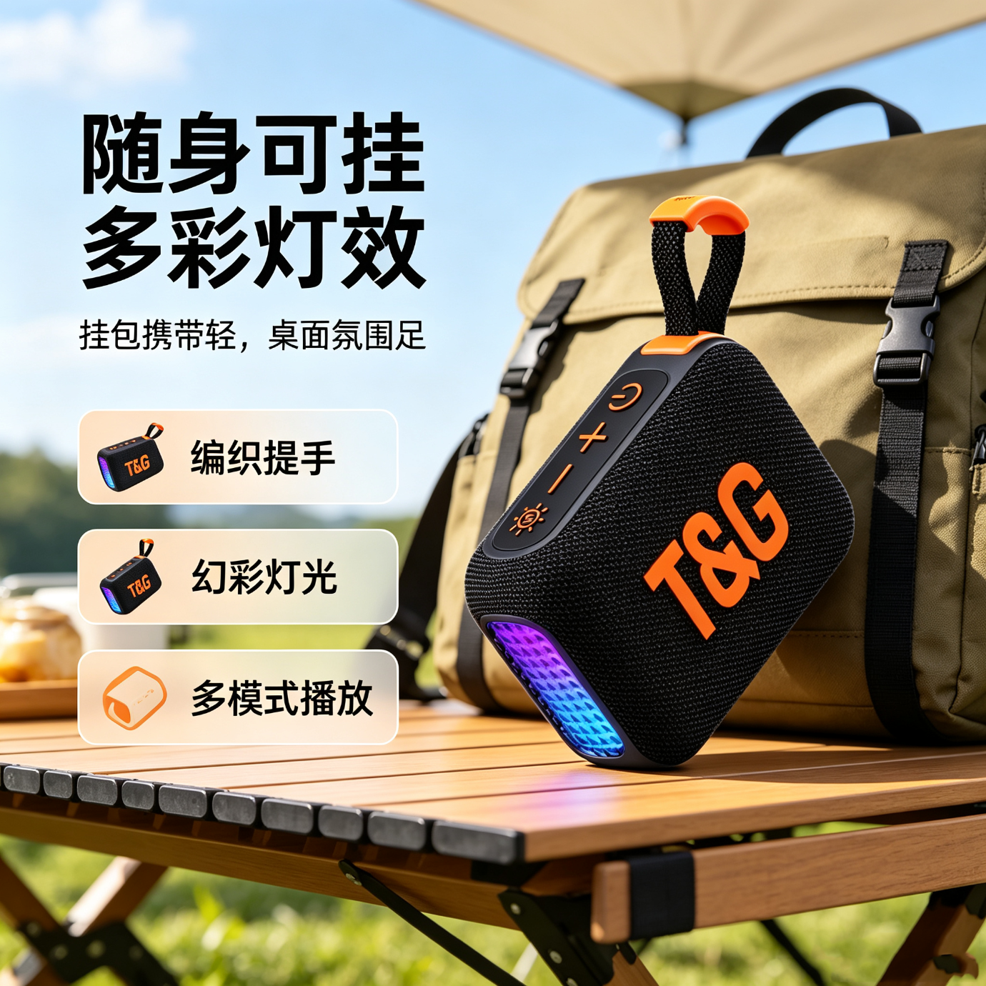 JAUQ布艺便携蓝牙音箱户外防水迷你手提小音响宿舍桌面RGB氛围彩灯FM收音U盘TF插卡运动骑行随身播放器 曜石黑