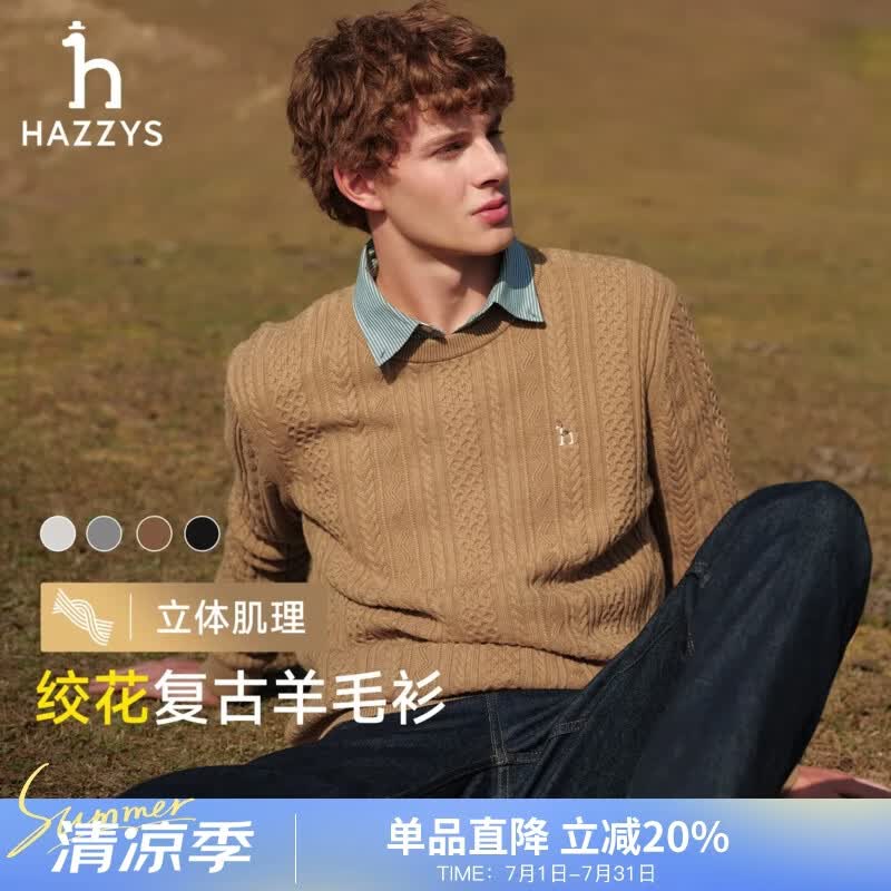 哈吉斯（HAZZYS）男装 秋冬款休闲绞花毛衣圆领棉/羊毛混纺针织衫男ABYZD0CCX30 卡其色KK M （170/92A 46）