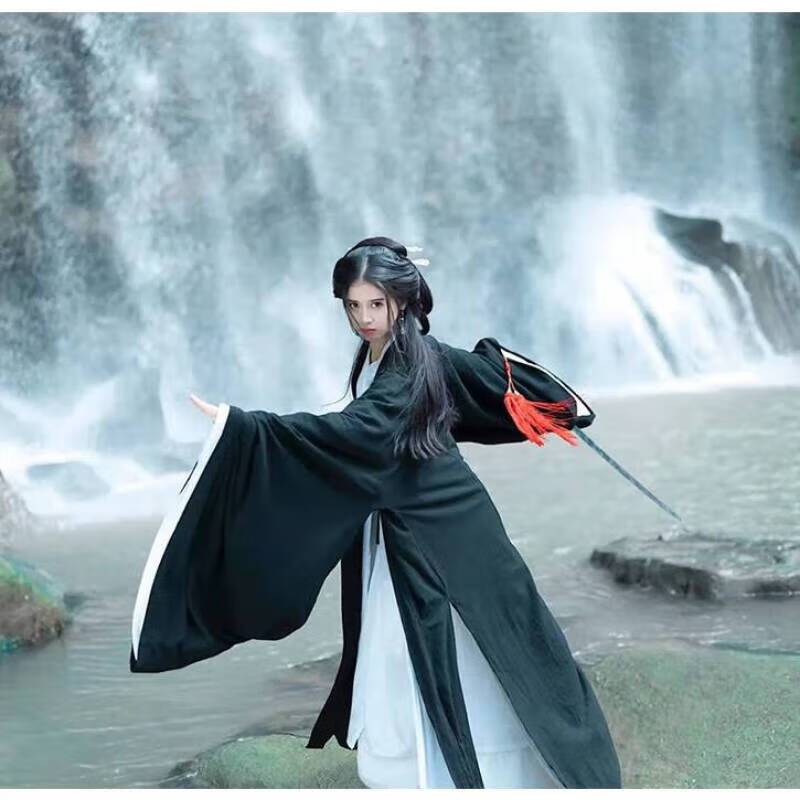 fengedun女侠风古装汉服侠客超仙武侠风束腰酷飒黑色霸气摄影写真服