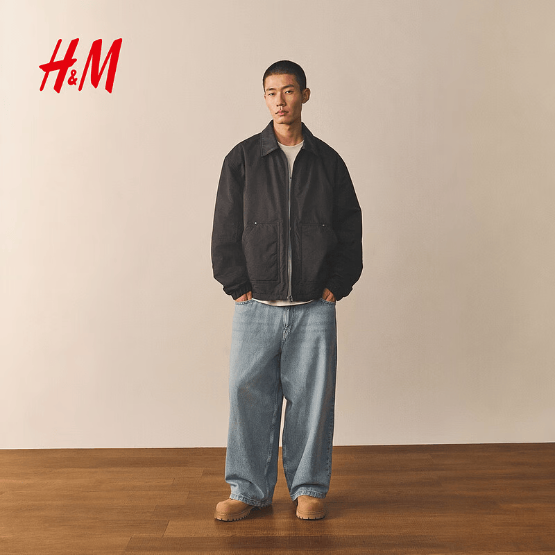 H&amp;M男装夹克2025秋新款保暖巴恩风休闲宽松夹棉户外外套1300903 深蓝色 XS 165/84