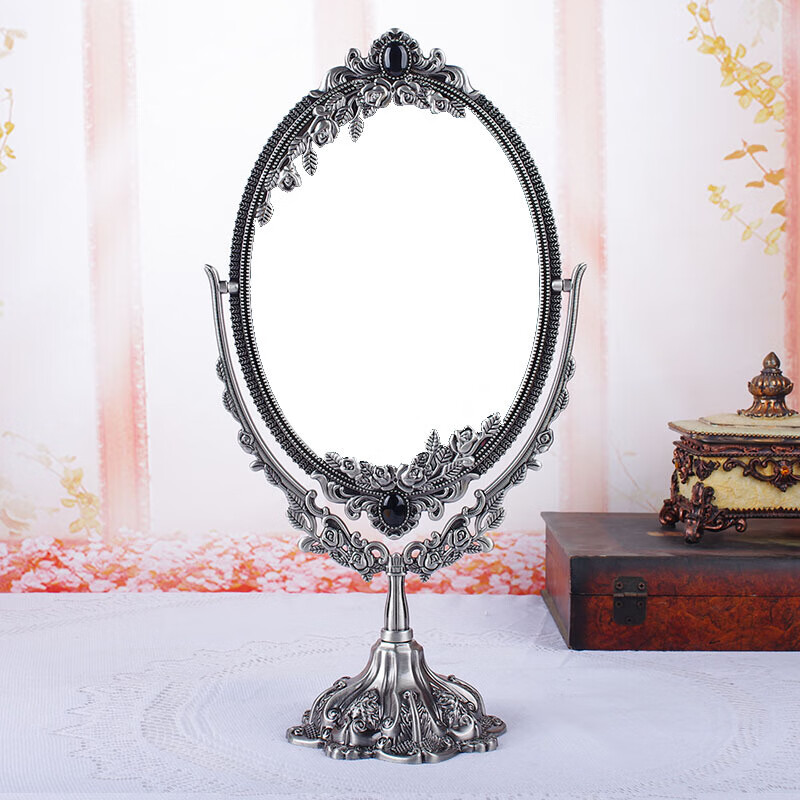 欧式镜子大号高清 化妆镜台式公主镜复古双面梳妆镜书桌台面镜2 玫瑰银灰8寸双面镜