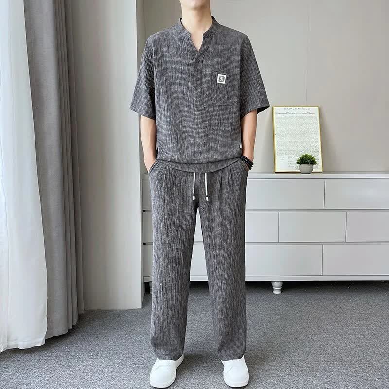 【高档轻奢】夏新中式休闲套装男士V领宽松茶服薄款两件套 灰色套装 3XL 【建议体重160-180斤】