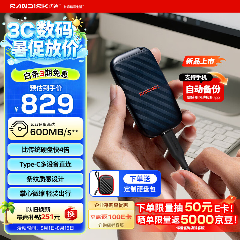 闪迪（SanDisk）精灵1TB 移动硬盘 ELE升级款 读速600MB/s  Type-C USB3.2手机直连笔记本电脑 外接存储  固态硬盘