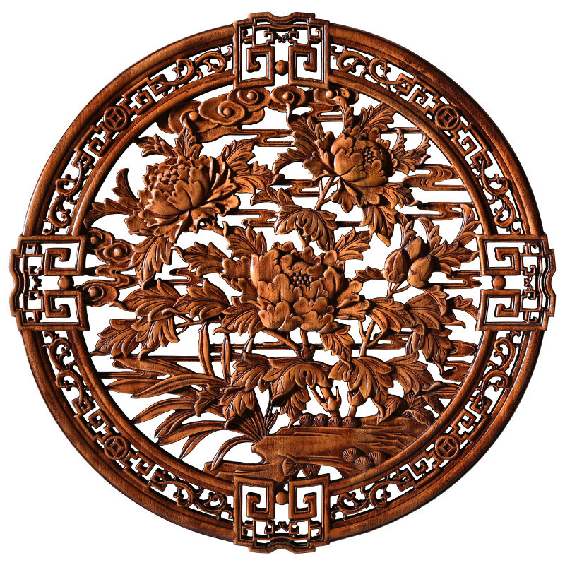 中式圆形装饰画客厅沙发背景墙墙壁雕刻挂画78cm木雕挂件牡丹花雕刻