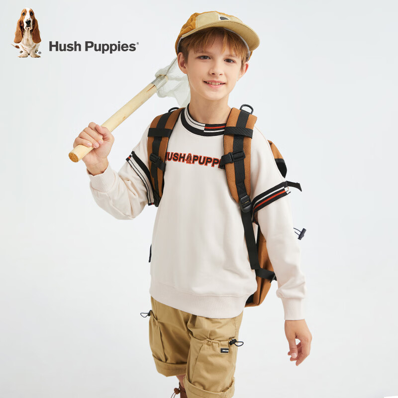 暇步士(Hush Puppies)童装男童卫衣秋季新款时尚圆领套头条纹卫衣男宝宝经典简约上衣 奶油色 160