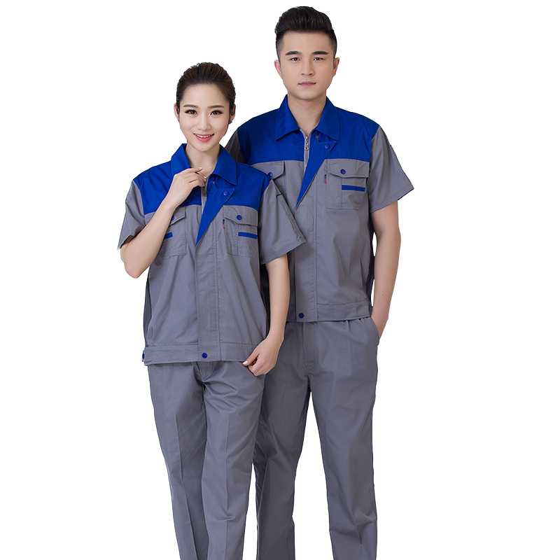 工作服工作服短袖套裝半袖勞保服工裝廠服汽修服透氣夏款 上艷藍(lán)下灰 185/XXXL套裝