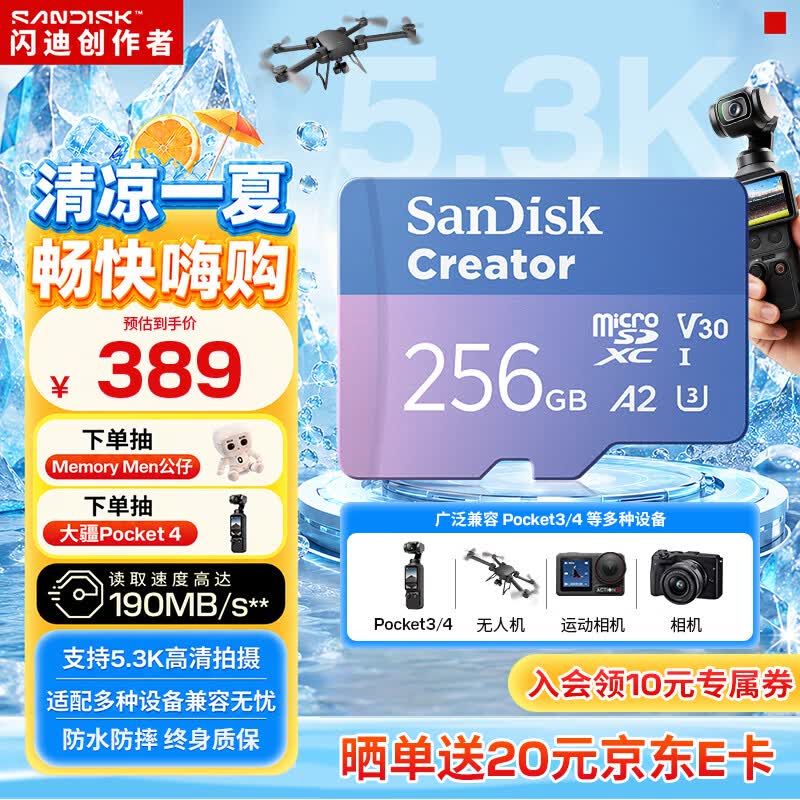 闪迪（SanDisk）创作者 闪迪内存卡tf卡 大疆pocket4内存卡 运动相机无人机存储卡 V30极速粉卡 256GB 官方标配