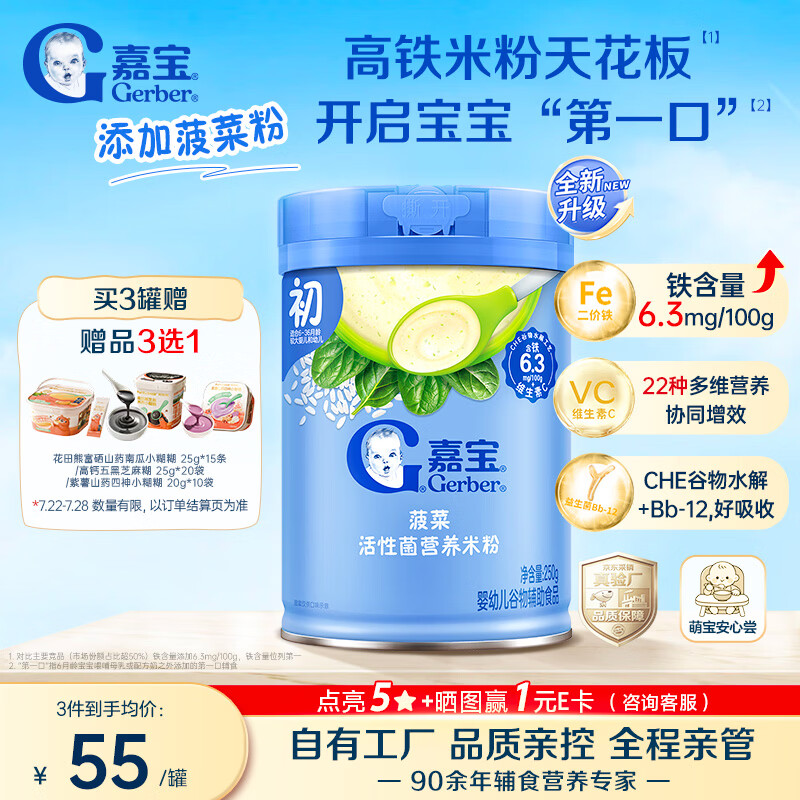 嘉宝（GERBER）【新升级】菠菜高铁活性菌营养米粉6月龄婴幼儿辅食250g