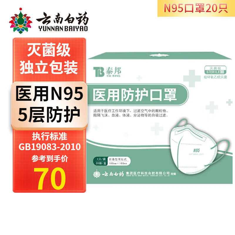 云南白药医用N95口罩5层防护级别独立包装灭菌级一次性耳戴式轻薄透气防粉尘颗粒物防雾霾防飞沫泰邦 N95 折叠款20只装独立包装灭菌