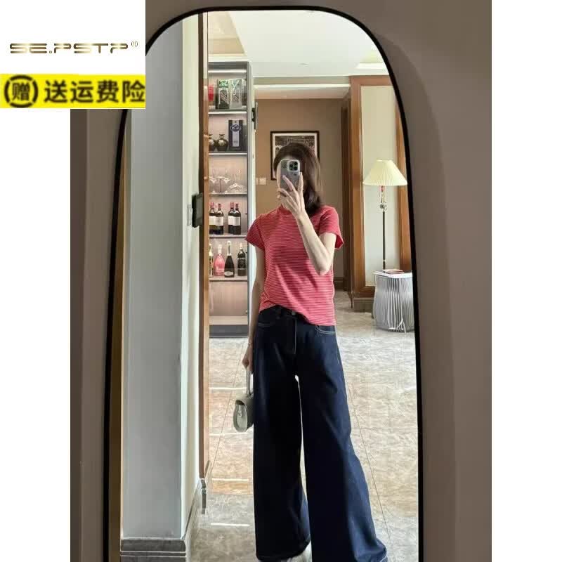 夏典素订女王(SE.PSTP)棉柔软条纹T恤女夏季新款修身显瘦短袖打底衫红条子上衣体恤ins潮 红色条舒适面料 XL 建议121-130斤