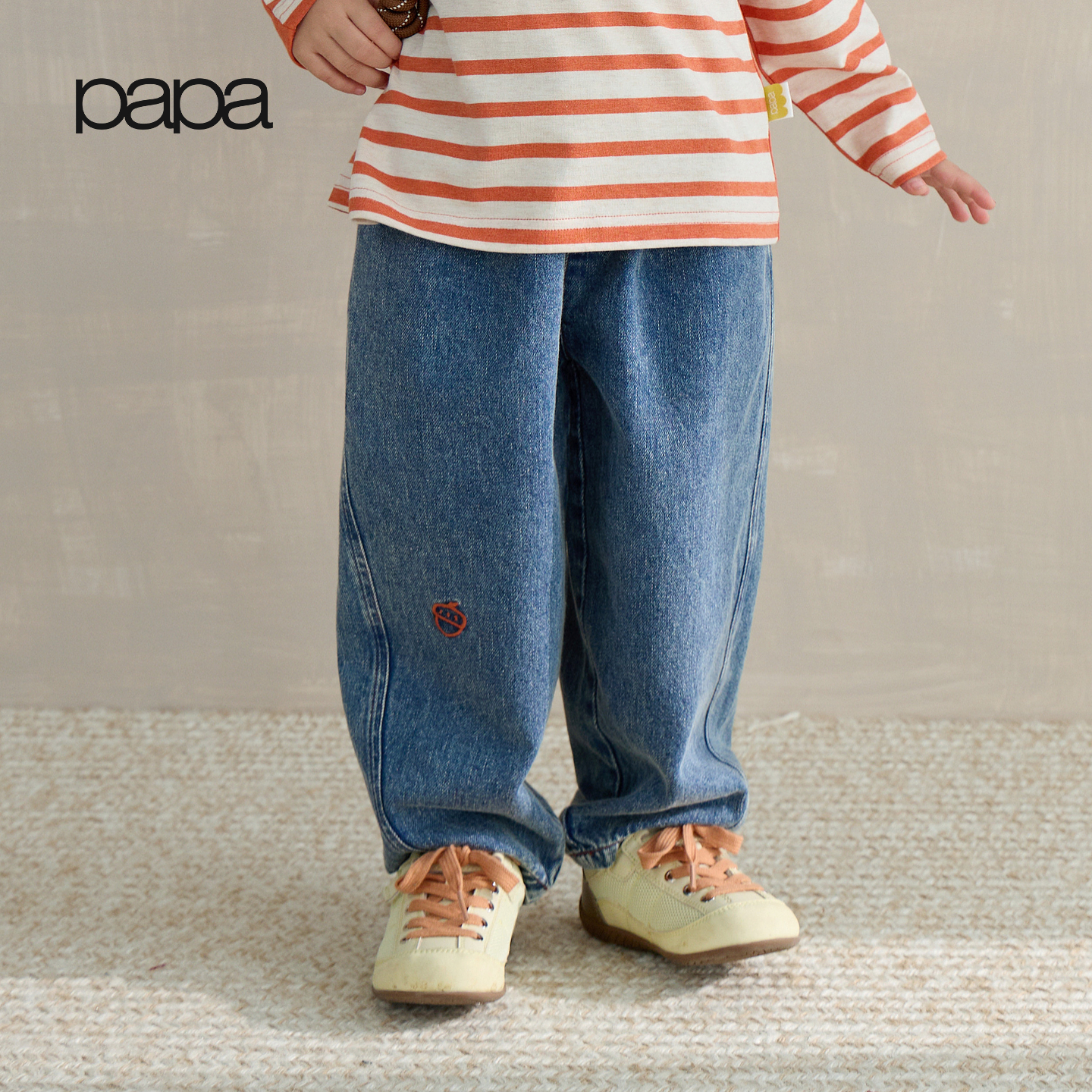 papa【软牛仔】爬爬秋季男女宝宝纯棉牛仔裤百搭撞色绣花儿童长裤 深蓝色 100