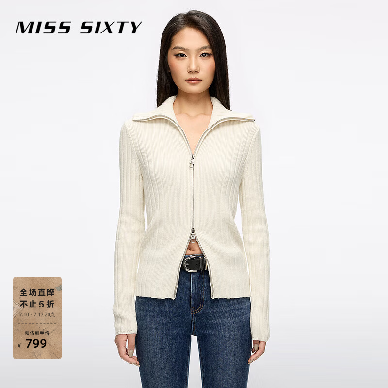 MISS SIXTY2025冬季新款针织外套女翻领双向拉链羊毛混纺麻花毛衣 米白 L
