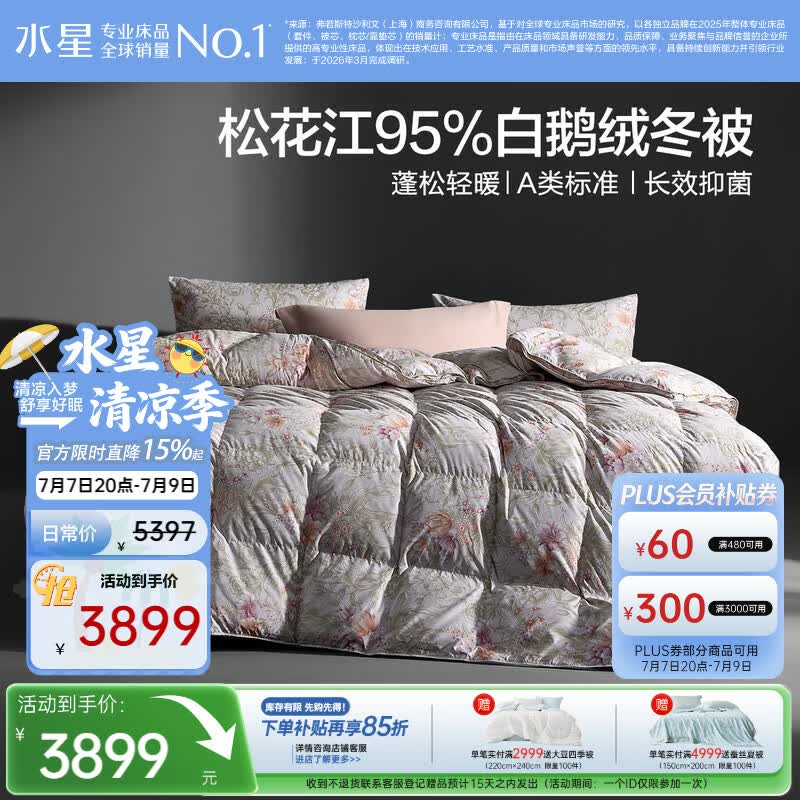 水星家纺羽绒被95%白鹅绒被子冬季加厚冬被芯双人羽绒被220cm×240cm1200g