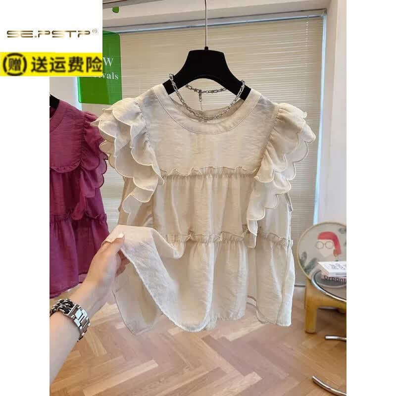 夏典素订女王（SE.PSTP）法式荷叶边飞飞袖圆领衬衫女夏季甜美娃娃衫宽松小众别致无袖上衣 蓝色 2XL 150-170斤
