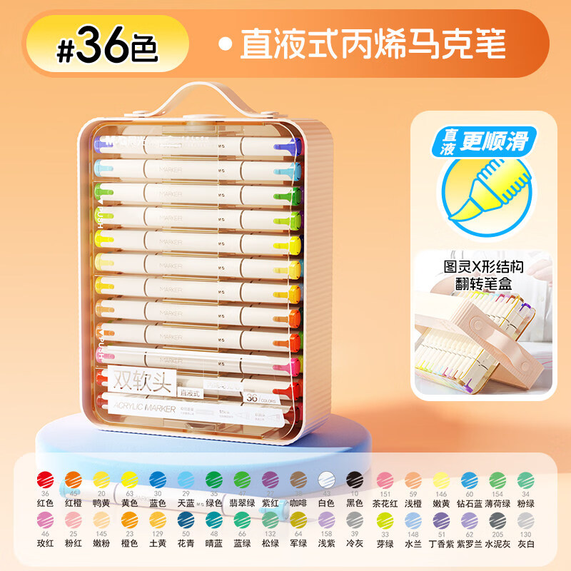 晨光双头翻转软头直液式丙烯马克笔小学生美术专用儿童不透色可叠色绘画套装软头可水洗幼儿园涂鸦画笔 36色【双软头】国美设计