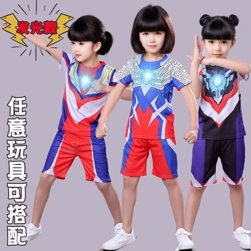 奥特曼衣服男童发光短袖套装夏季2026新款儿童欧布夏装男孩迪迦潮 捷德【发光】短袖套装（+胸灯）+面具+变身器+披风 160 cm 身高158cm以下