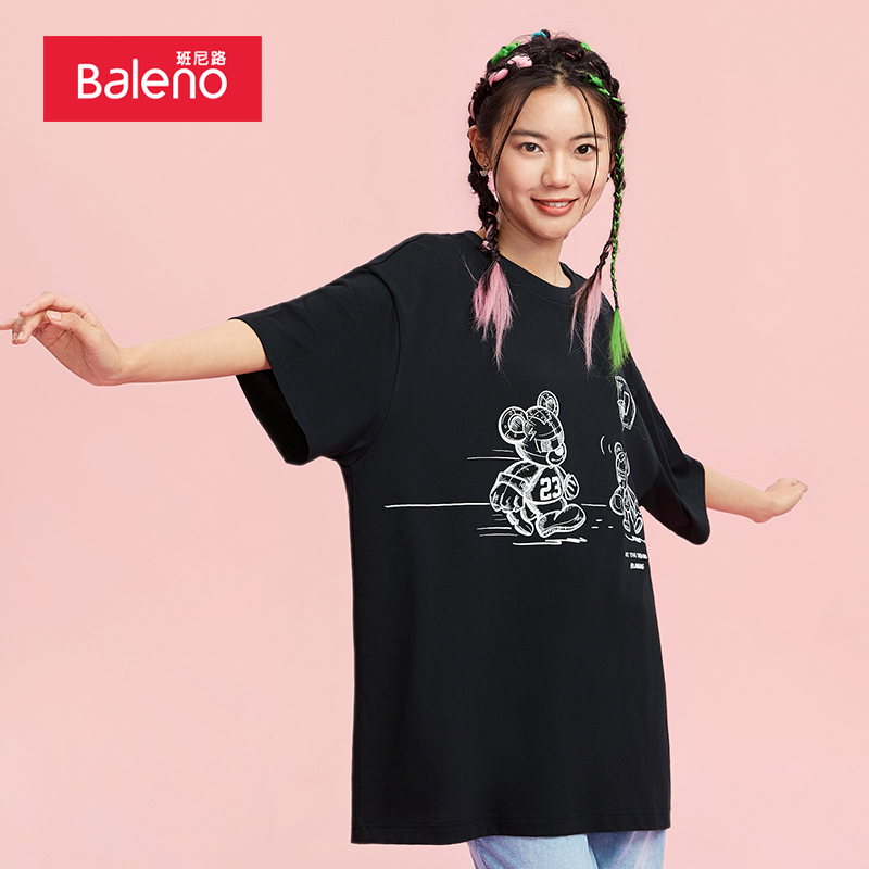 班尼路（Baleno）2022春季潮流港风熊仔卡通印花圆领T恤男休闲短袖上衣 111A黑色 XL