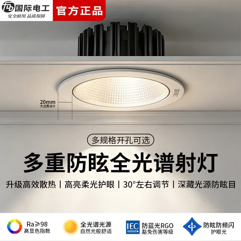 国际电工LED嵌入式防眩筒灯小山丘展厅吊顶孔灯角度可调家用商铺护眼射灯 (12W/4000K中性光)开孔90-100mm