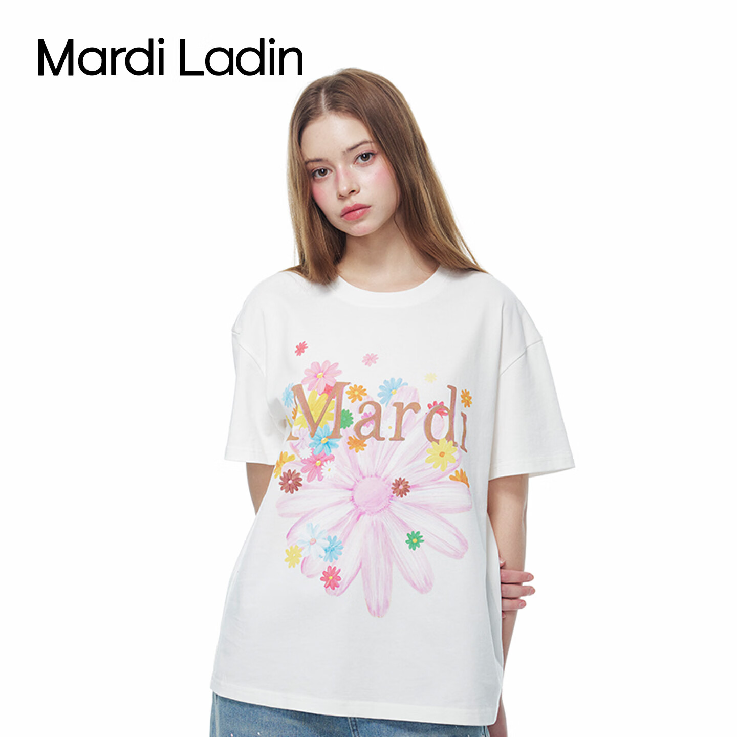 MARDI LADIN印花短袖T恤女2026年夏季新款宽松圆领女装休闲百搭上衣女 米白 XS