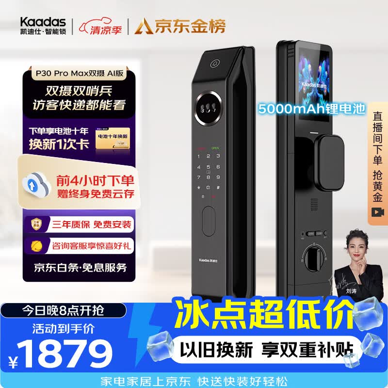 凯迪仕（KAADAS）智能门锁 双摄人脸识别可视猫眼大屏指纹锁 P30 Pro Max双摄AI版