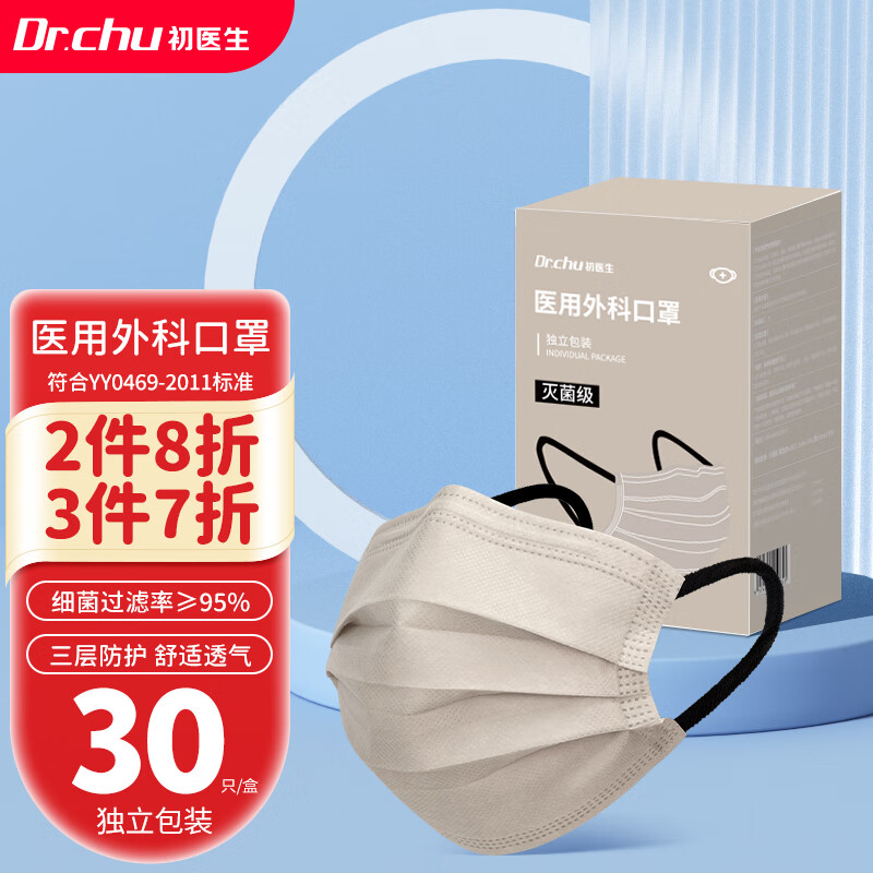 初医生（Dr.Chu）医用外科口罩莫兰迪色薄款透气防尘防护灭菌独立包装30只/盒【燕麦驼】