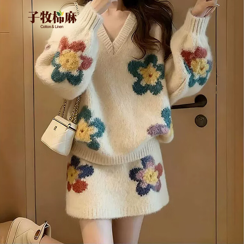 子牧棉麻2026秋冬装 女一整套独特时尚慵懒软糯毛衣+半身裙两件套装6559 白色上衣+短裙 均码 (建议95-140斤)