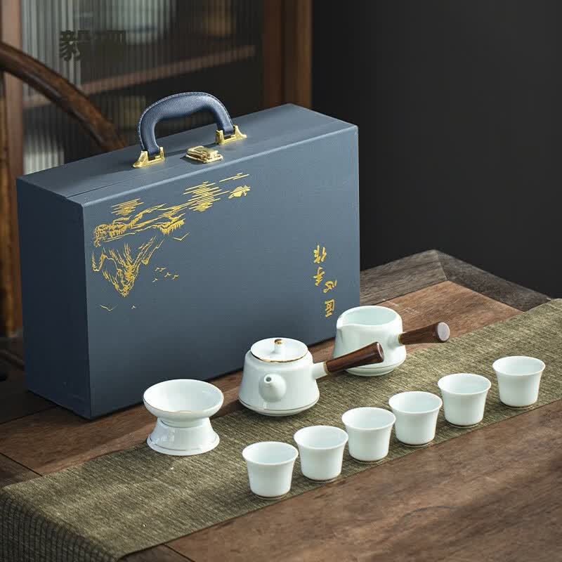 青瓷功夫茶具套装陶瓷家用茶具用品侧把防烫茶壶茶杯轻奢旅行茶具礼盒
