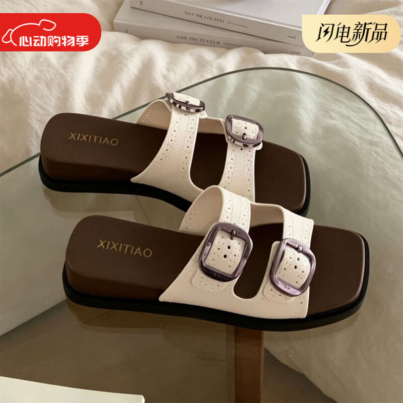 细细条（XIXITIAO）复古双金属扣一字女鞋夏方头防滑外穿百搭厚底双带凉拖ins 白色时尚方扣【经典百搭】 36-37 【标准码】