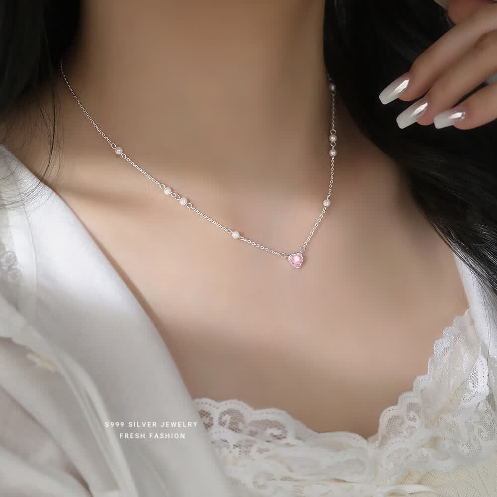 S999足银甜美项链女粉色少女童趣锁骨链小众设计时尚百搭 白金色 足银