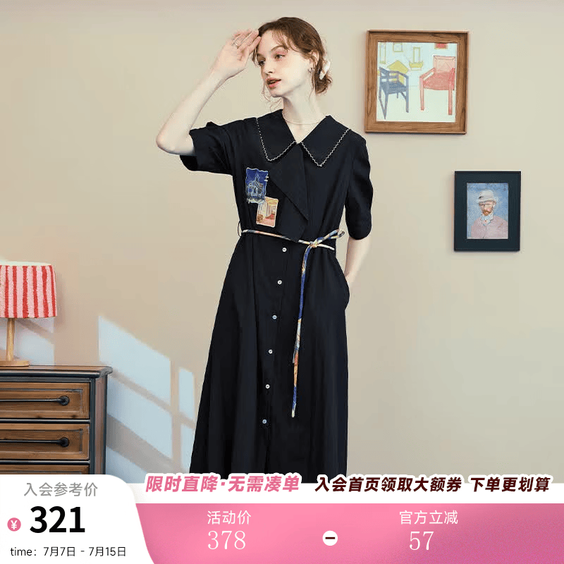 两三事梵高文艺 美学涟漪 2025夏季新款印花贴布绣绑带翻领连衣裙 黑色 M