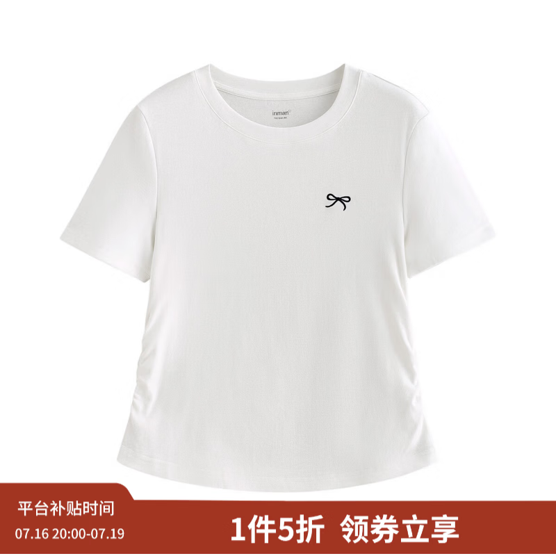 茵曼（INMAN）简约抽褶收腰短袖T恤女2026夏季甜美减龄少女休闲绣花上衣 米白色 S