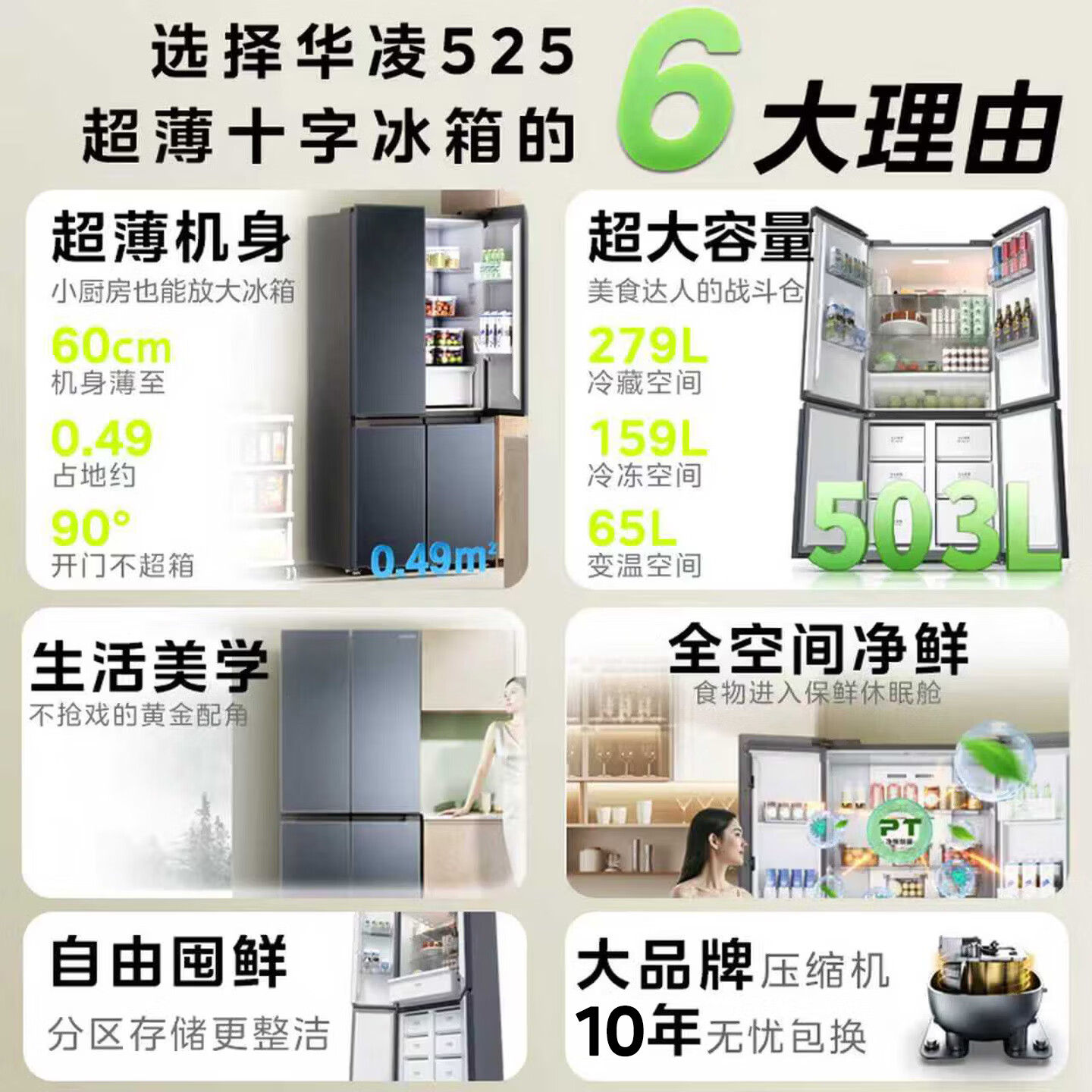 华凌美的出品525十字双开四开门冰箱60cm超薄节能大容量一级能效风冷无霜京东自营HR-525WSP国家补贴