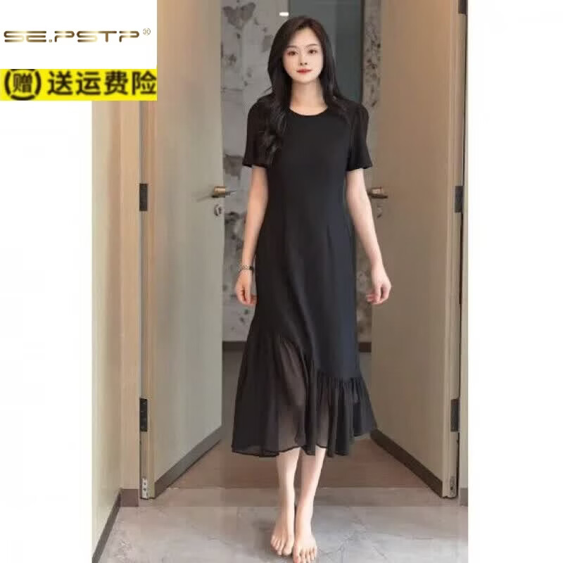 夏典素订女王(SE.PSTP)色赫本风经典连衣裙女2026夏季新款气质显瘦不规则小黑裙鱼尾裙瘦 黑色 L 建议115-130斤