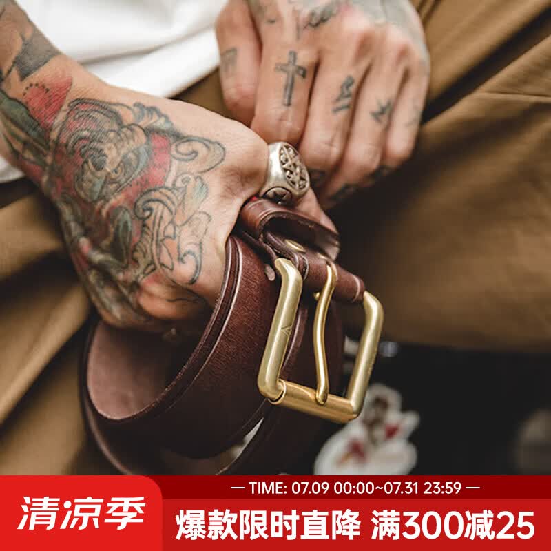 马登美式复古头层植鞣牛皮腰带黄铜单针扣头真皮皮带硬汉裤腰带男 中咖色