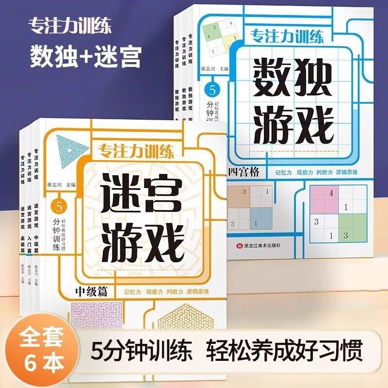 【全套6册】数独四宫格六宫格九宫格游戏专注力训练书+迷宫游戏官方正版童书 数独阶梯训练小学5-14岁智力开发智力游戏益智游戏书籍 儿童智力开发玩具3-6-10-12岁全脑开发练习册专注力逻辑思维训练