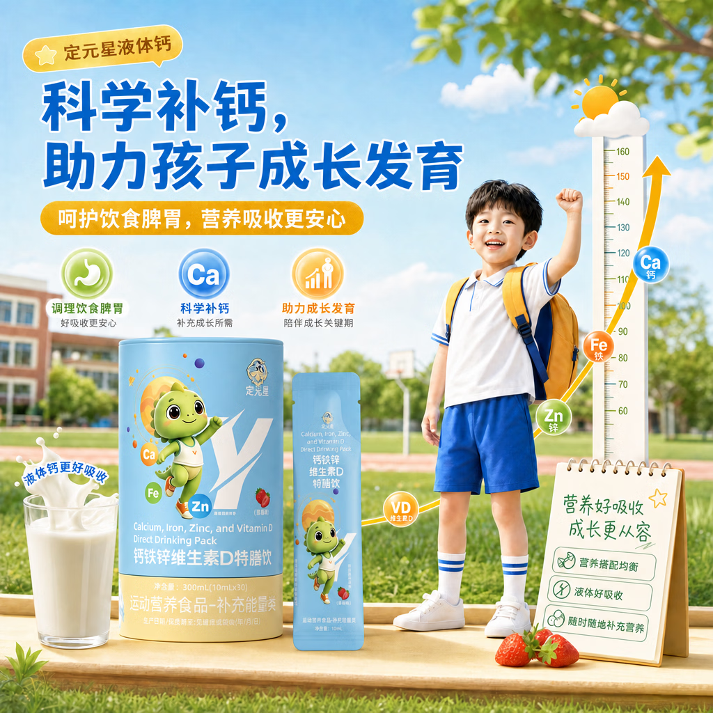 定元星小蓝条plus婴幼儿童液体柠檬酸钙维生素d3补钙长高30条*2桶 买五送三【赶超同龄倍速成长】 30条*8桶