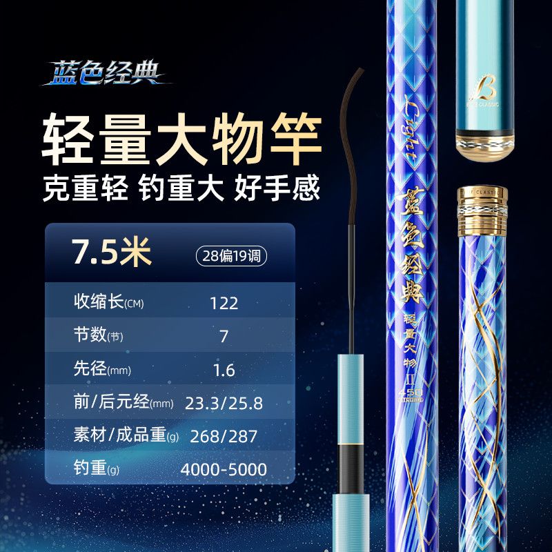 裕峰(YUFENG)蓝色经典鱼竿 超轻超硬碳素钓鱼竿 轻量大物竿 鲢鳙台钓竿手杆 7.5m 蓝色经典-