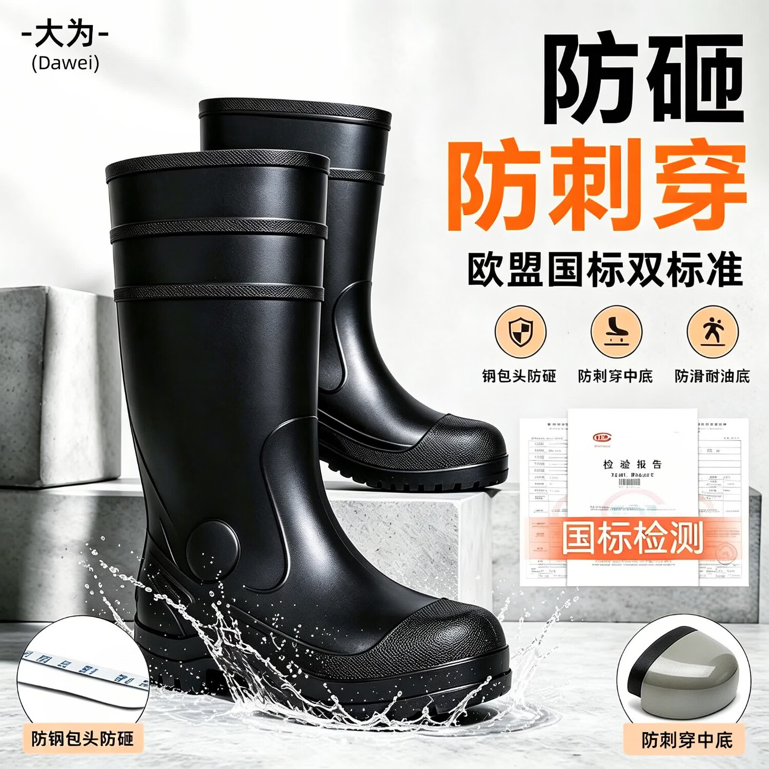 大为雨靴劳保雨鞋防砸防刺穿雨鞋煤矿井下专用水鞋工矿防砸雨靴防滑耐磨劳工地盘雨鞋钢头钢底防刺  高筒靴（39cm）【防砸防刺穿】 46