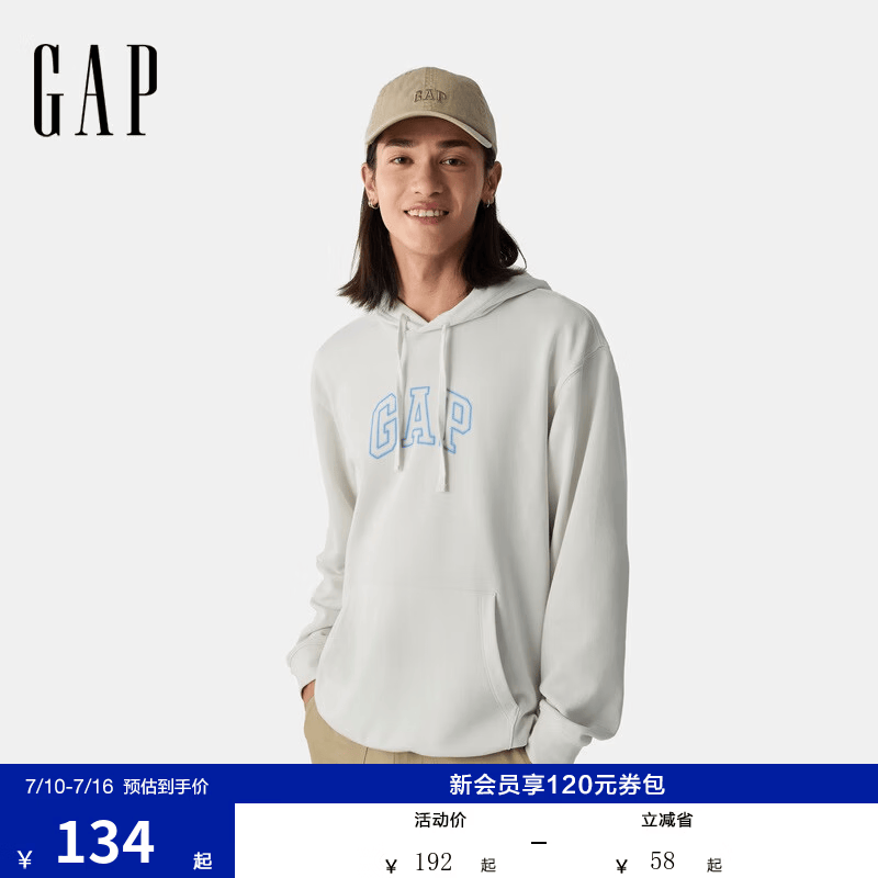 GAP男女装春款logo抽绳连帽口袋卫衣宽松上衣美版708409 灰白色 M 美码 L亚洲码180/96A