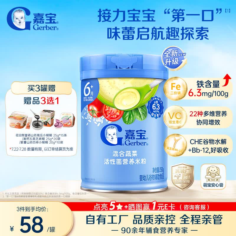 嘉宝（GERBER）【新升级】混合蔬菜谷物高铁米粉混合口味辅食米糊6月龄+250g