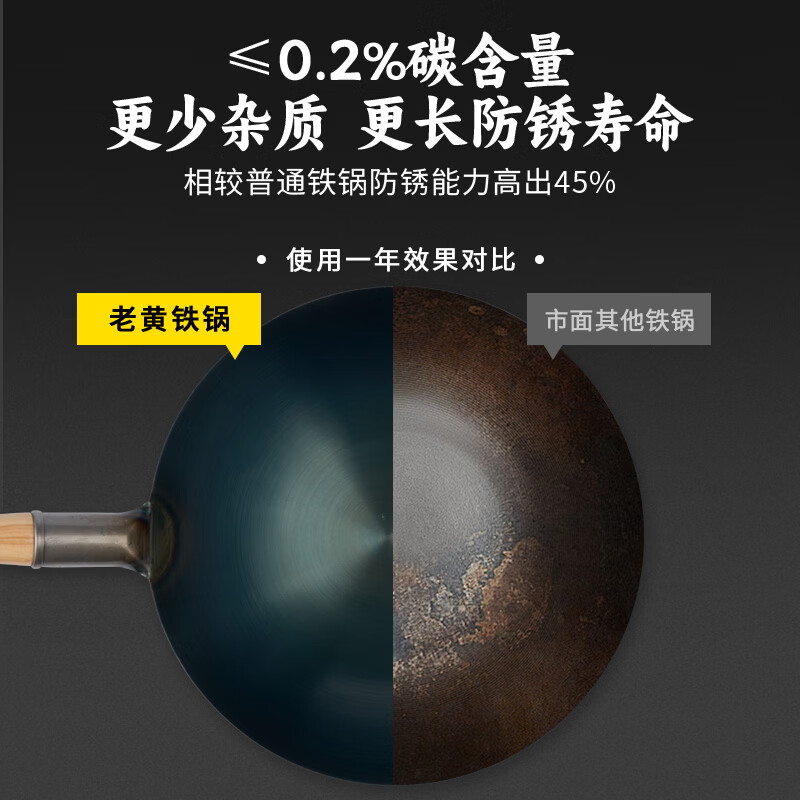 美味达饭店厨师专用铁锅老式家用炒锅煤气灶炒菜锅无涂层熟铁锅轻薄款 34cm无耳(底厚壁薄) 34cm