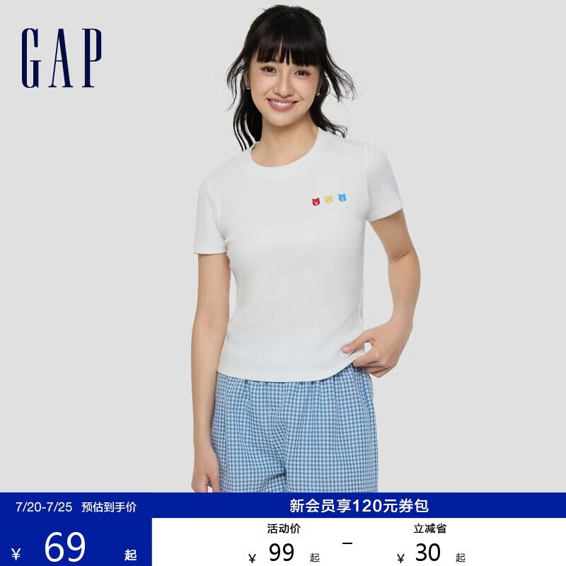 盖璞（GAP）女装2026春季新款彩色小熊刺绣针织短袖T恤休闲上衣858699