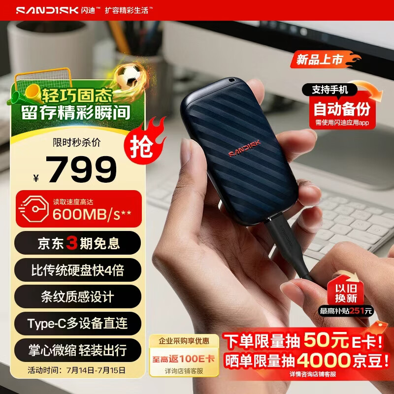 闪迪（SanDisk）精灵1TB 移动硬盘 ELE升级款 读速600MB/s  Type-C USB3.2手机直连笔记本电脑 外接存储  固态硬盘