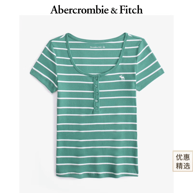 Abercrombie &amp; Fitch【多色亨利领】小麋鹿图案女装25夏季修身短袖T恤 绿色条纹 XL (170/112A)