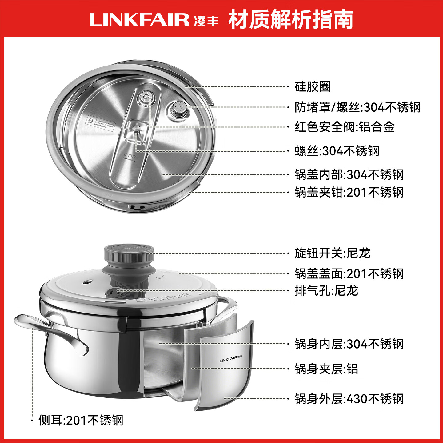 凌丰(LINKFAIR)LINKFAIR/凌丰居家厨房必备4升星河系列304高压锅多功能炖煮焖煮 原色 22cm