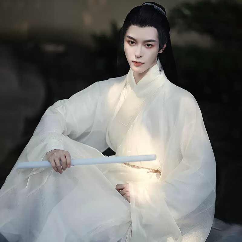 汉服男明制古风道袍全套古装中国改良新式帅气 米白色单件道袍_送宫绦
