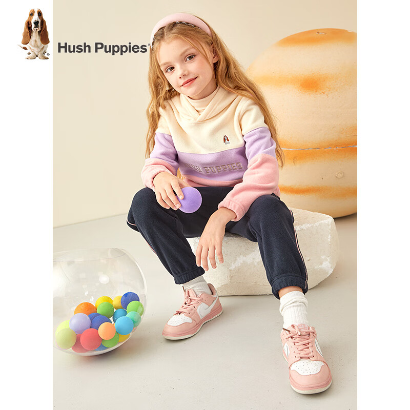 暇步士（Hush Puppies）童装女童连帽运动套装秋冬新款女宝宝拼色加绒套装 奶油色 120