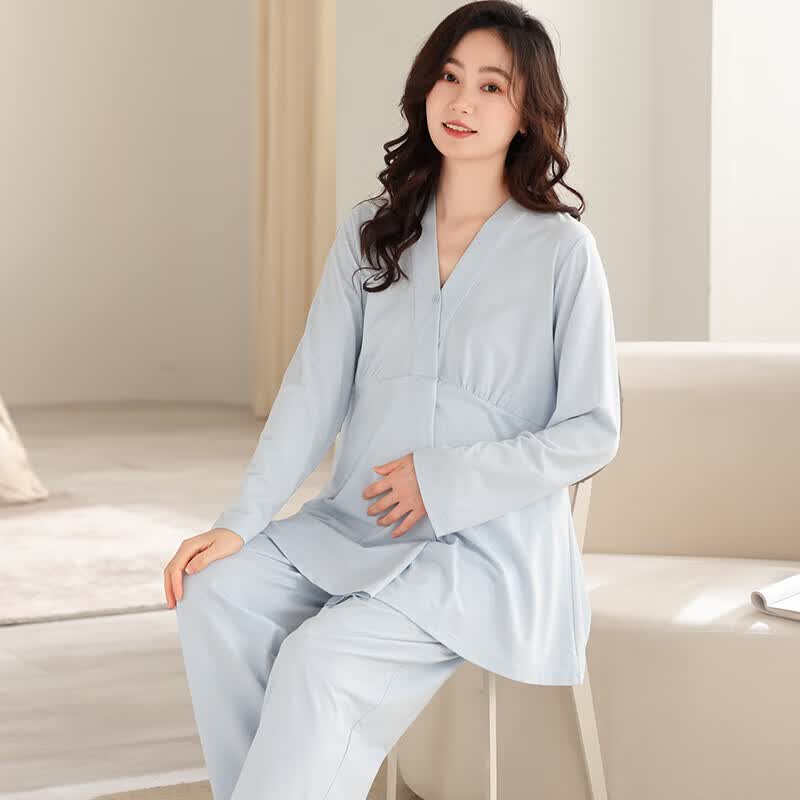 ROVO月子服哺乳睡衣带胸垫怀孕期产后喂奶孕妇家居服套装 AM66763浅蓝 L